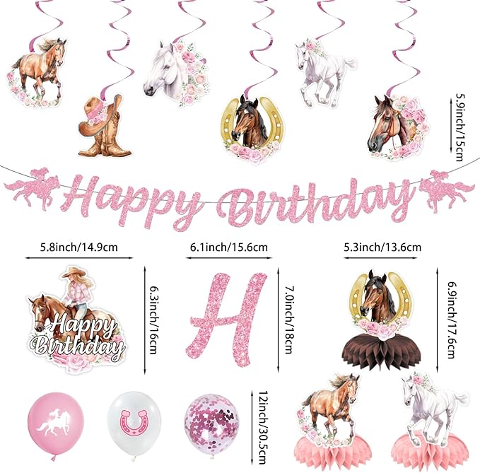 154PCS Pink Western Horse Party Decorations, Cowgirl Horse Party Supplies Plates and Napkins Set, Tableware,Banner, Hanging Swirls, Tablecloth, Balloon,Cake Cupcake Topper,Honeycomb Centerpiece