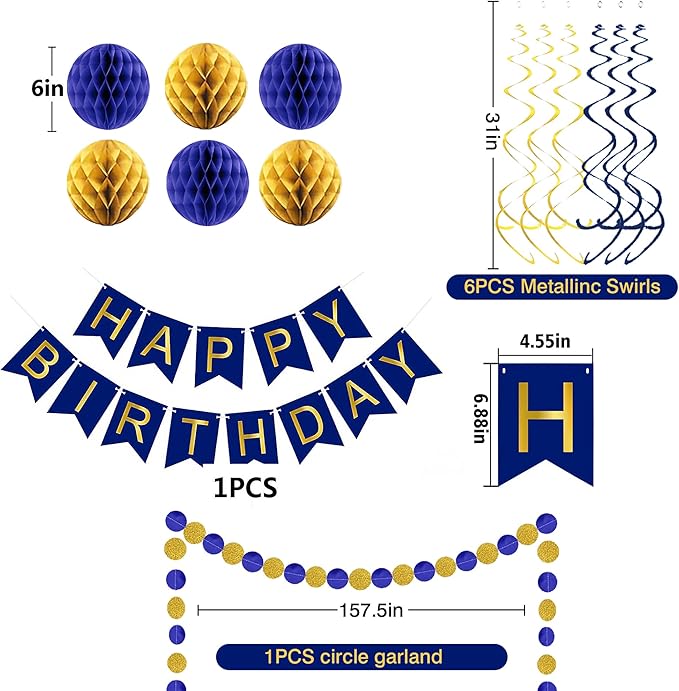 Blue Birthday Decorations, Happy Birthday Banner with Honeycomb Balls, Circle Dot Garland and Hanging Swirl Decorations for Women Men Boys Girls (Blue Gold)