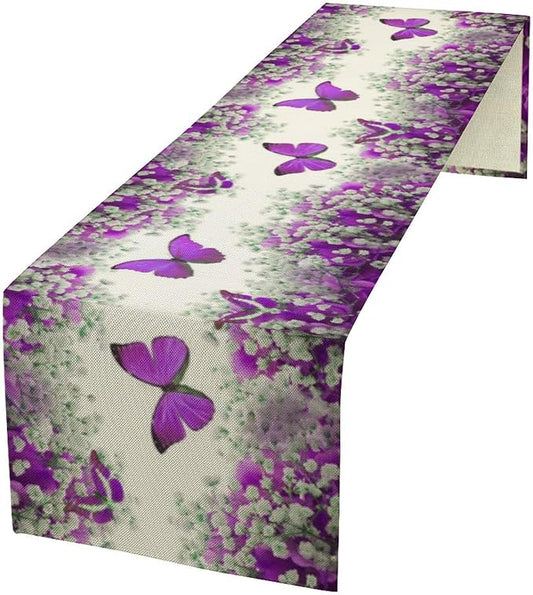 Floral Butterfly Spring Table Runner, Purple Flowers Seasonal Kitchen Dining Table Decoration for Home Party Decor 13x36 Inch