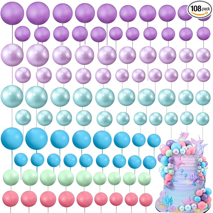 108 Pcs Balls Cake Topper DIY Cupcake Insert Foam Balloons for Cake Baking Wedding Anniversary Birthday Decoration(Bright Colors,Multi Sizes)