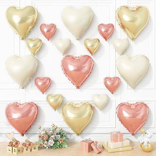 Rose Gold White Heart Balloons, 19PCS Champagne Gold Heart Shape Balloon, 18Inch with 10Inch Gold and Cream Helium Foil Love Balloon for Girls Birthday Baby Shower Wedding Mother's Day Decoration