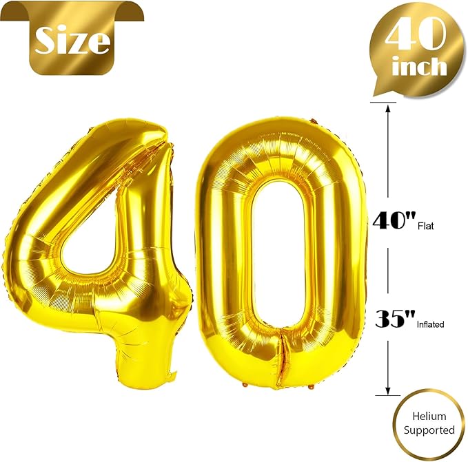 Gold Number 40 Balloon 40 Inch, 40th Birthday Party Decorations for Children, Giant 40 Foil Balloon for Party Supplies