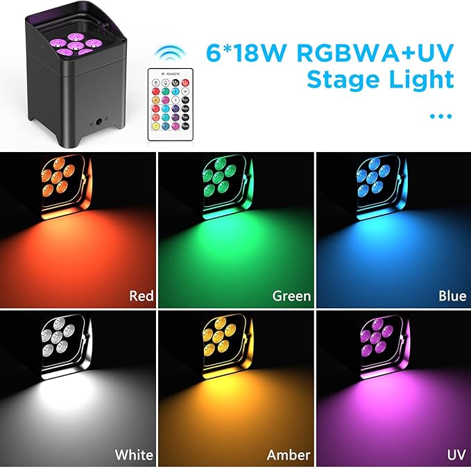 2Pcs Battery Powered Uplights Rechargeable Par Can 6x18W RGBWA+UV LED Uplight 9600 mAh APP/Remote/DMX512 Control Stage Lights Uplighting Indoor for Wedding DJ Church Christmas Dance