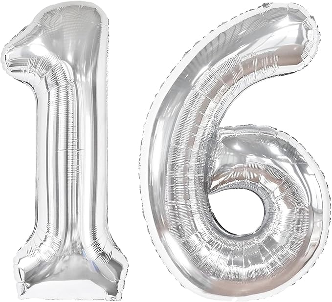 Silver Number 16 Balloon 40 Inch, 16th Birthday Party Decorations for Children, Giant 16 Foil Balloon for Party Supplies
