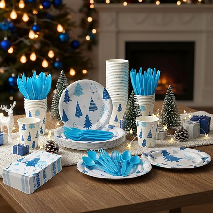 Pickmesh 400 Pcs Christmas Party Supplies Blue Silver Xmas Tree Snowflake Disposable Paper Plates Napkins Cups Cutlery for Winter Xmas Christmas Birthday Party Table Decorations Serve 50