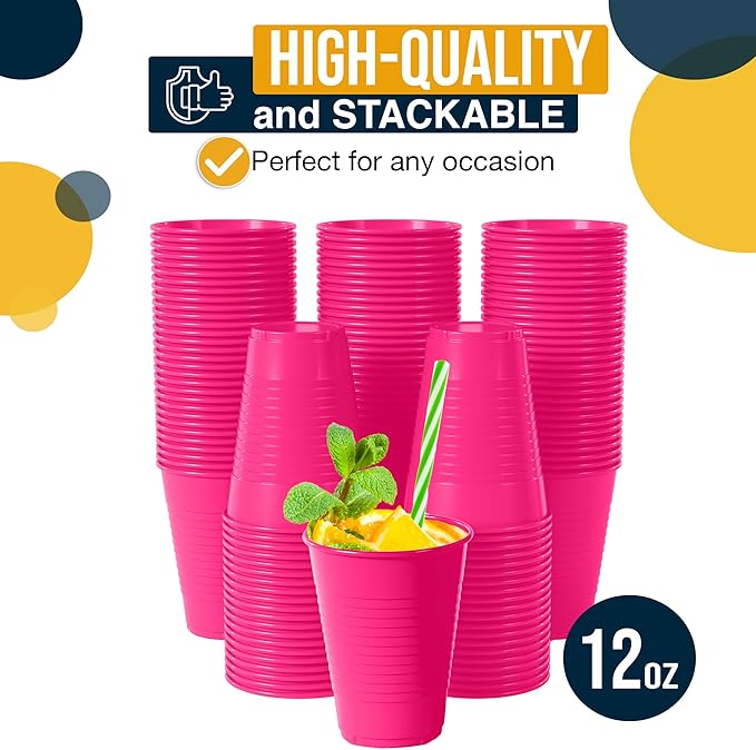 Exquisite Party Solids 12 Oz Cerise Plastic Cups For Party Supplies 50 Pack | Cerise Disposable Cups Plastic | Disposable Drinkware For Parties, Events & Everyday