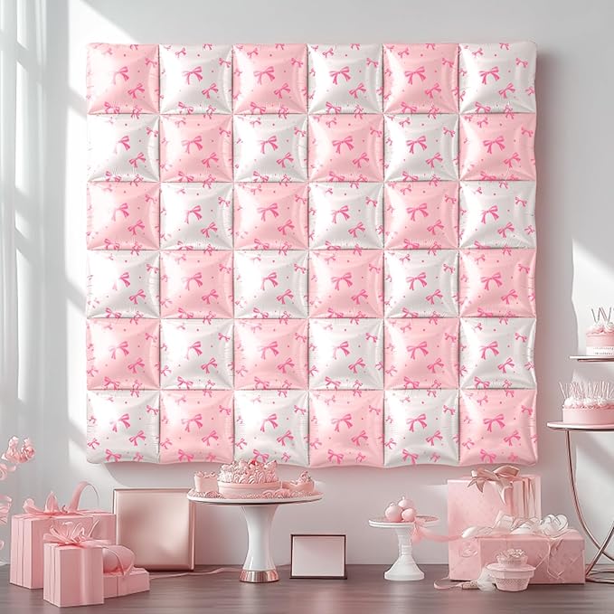 NISOCY 25PCS White Pink Bow Square Foil Balloons Wall Backdrop Double Sided White Coquette Pink Bow Balloons Tunnel for Birthday Wedding Valentines Bachelorette Bridal Baby Shower Party Decorations