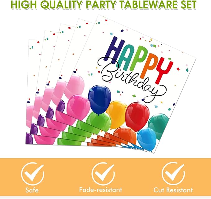 Happy Birthday Decorations Birthday Party Supplies Set with Birthday Balloon Confetti Design Includes Birthday Plates and Napkins Disposable Paper Tableware Set for Boys/Girls Party Supplies