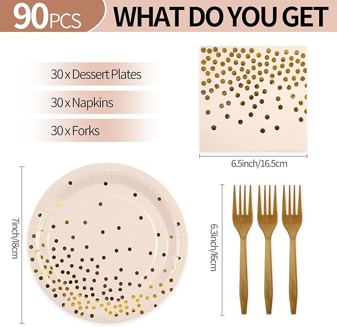 90PCS Pink and Gold Paper Plates Napkins Set, Disposable Gold Dot Party Plates with Napkins Forks Dessert Dinnerware Party Supplies for Wedding, Graduation, Festivals