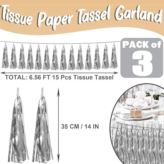 3P Silver Foil Fringe Metallic Tassel Streamers Banner Tassel Garland for Parade Floats, Bachelorette, Wedding, Birthday, Halloween, Christmas, Bridal/Baby Shower Party Decorations