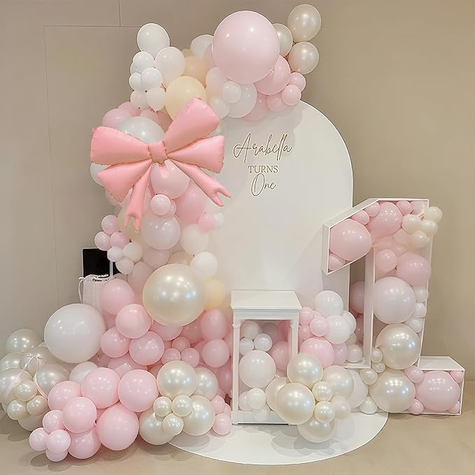 Double Stuffed Pearl White and Pink Balloon Arch Garland Kit, Pearl White Beige with Pink Bow Foil Balloons for Girls Women Wedding Bridal Baby Shower Bachelorette Coquette Birthday Party Decorations