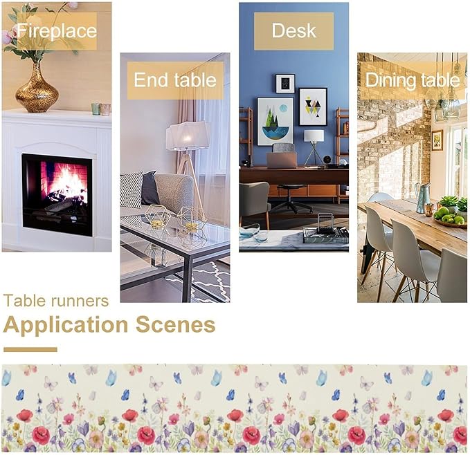 Butterfly Table Runner, Wildflowers Floral Butterfly Table Decoration Seasonal Summer Home Kitchen Dining Table Indoor Outdoor Farmhouse Decor 13x108 Inch