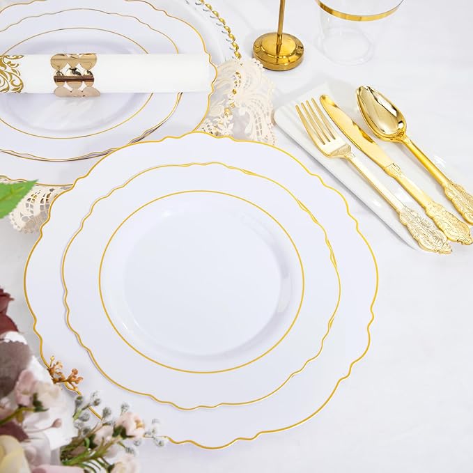 350 Pieces Gold Disposable Plates for 50 Guests, Plastic Plates for Party, Dinnerware Set of 50 Dinner Plates, 50 Salad Plate, 50 Spoons, 50 Forks, 50 Knives, 50 Cups for Thanksgiving