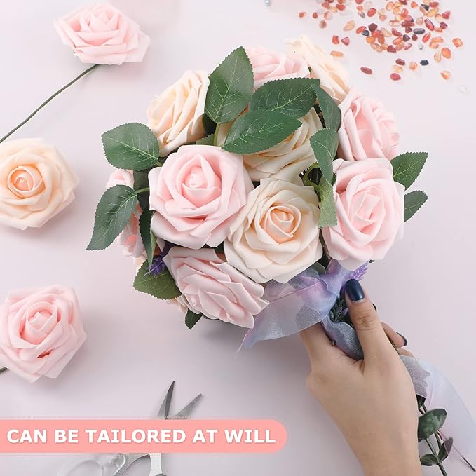 100 Pieces Artificial Foam Rose Flowers Faux Bouquet with Leaves and Stems for DIY Wedding Bouquets Centerpieces Bridal Shower Party Valentine Home Decorations(Pink, Champagne)
