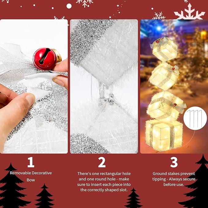 Christmas Lighted Gift Boxes Decorations Set of 4, 3.6Ft Stackable Christmas Nesting Boxes Battery Operated with Timer for Home and Party Decoration