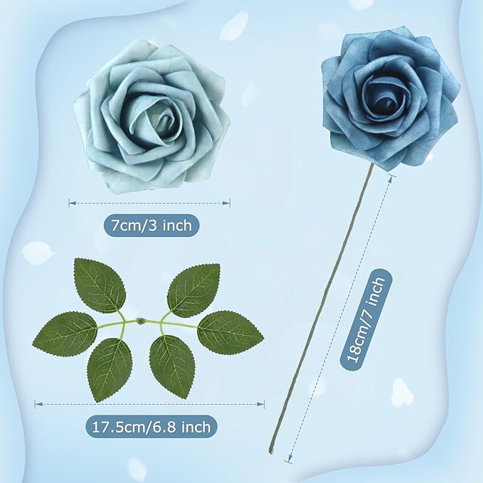 100 Pieces Artificial Foam Rose Flowers Faux Bouquet with Leaves and Stems for DIY Wedding Bouquets Centerpieces Bridal Shower Party Valentine Home Decorations(Blue Two Tone)
