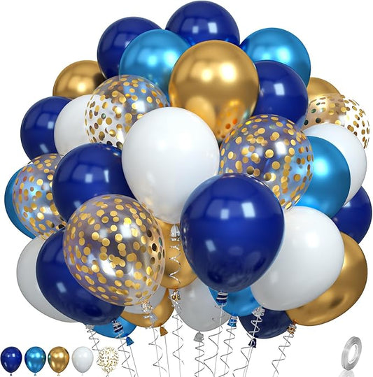 Navy Blue and Gold Balloons, Metallic Golden and Blue Balloon Navy and White Latex Balloons Gold Confetti Party Graduation Balloon for Birthday Baby Shower Wedding Decorations