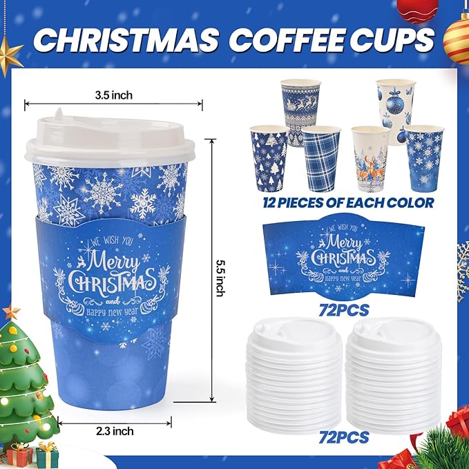 72 Set Christmas Disposable Coffee Cups with Lids and Sleeves Snowflake Reindeer Paper Drinking To Go Cups for Winter Holiday Christmas Party Coffee Bar Decor Business Supplies (Blue)
