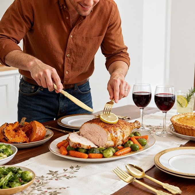 WDF 300 Pieces Gold Plastic Silverware Disposable - Heavy Duty Thanksgiving Plastic Cutlery - Gold Silverware Sets Includes 100 Forks, 100 Spoons, 100 Knives