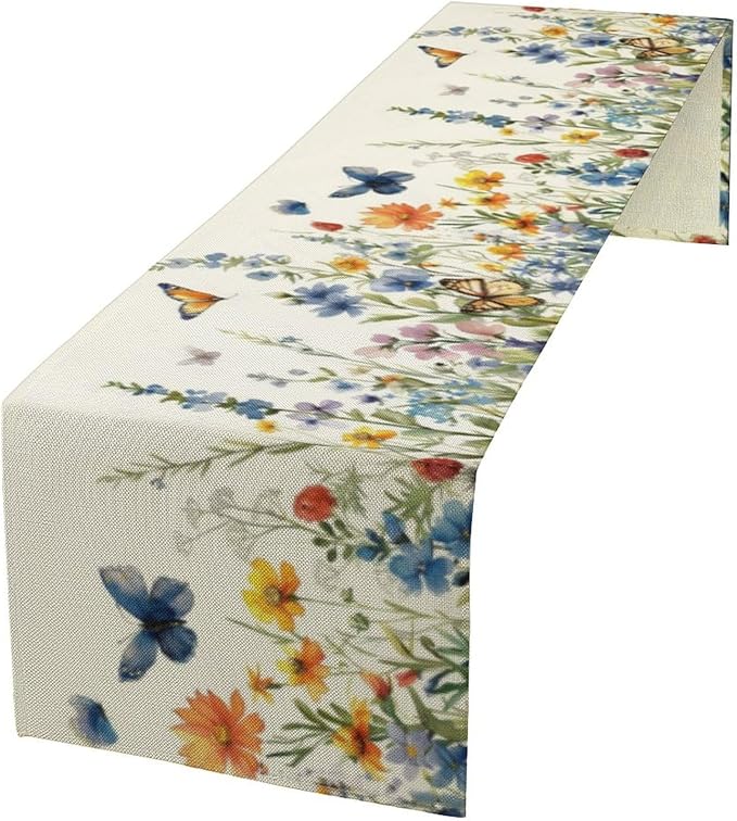 Butterfly Table Runner, Wildflowers Floral Butterfly Table Decoration Seasonal Spring Summer Home Kitchen Dining Table Indoor Outdoor Farmhouse Decor 13x36 in