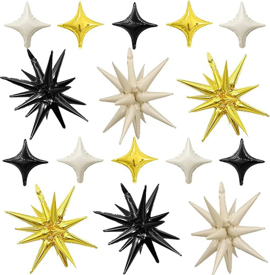 Black White Gold Star Balloon,Sand White Gold 6Pcs 22Inch Explosion Star Balloons and 10Pcs 10Inch Four Angle Balloons Kit for Birthday Anniversary Baby Shower Wedding Party Decorations