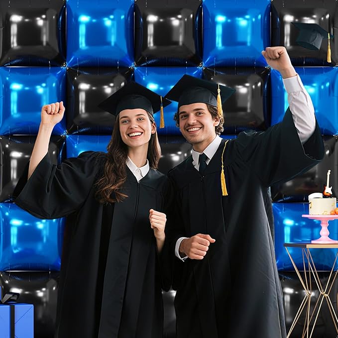 NISOCY 25PCS Black and Blue Square Foil Balloons Wall Backdrop Double Sided Black and Dark Blue Balloons Arch Kit for Birthday Graduation Retirement Anniversary Baby Shower Party Decorations