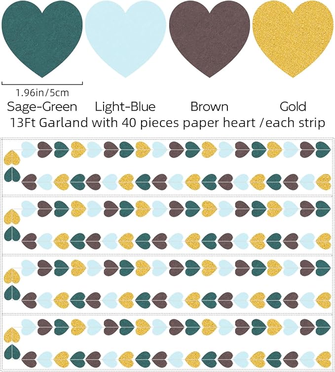Sage-Green Gold Brown Party Decorations - 52Ff Paper Heart Streamers Gender Neutral Baby Shower Bridal Shower Garland Boho Birthday Rustic Decoration Woodland Theme Decor HongTongTong