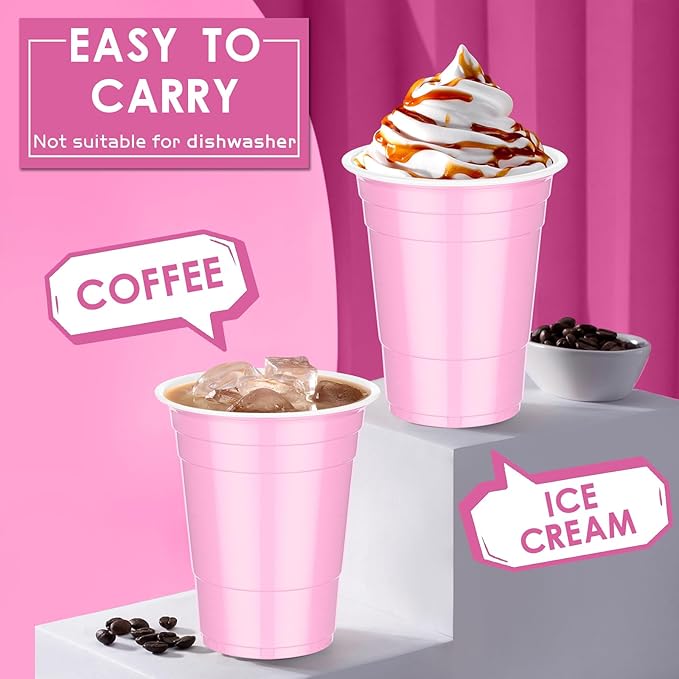 Dualshine 100 Pack 16 oz Pink Plastic Cups, Disposable Plastic Party Cups, Heavy Duty Drinking Water Cup for Wedding Birthday Graduation Valentine's Day Christmas Baby Shower Picnic Barbecues Supplies