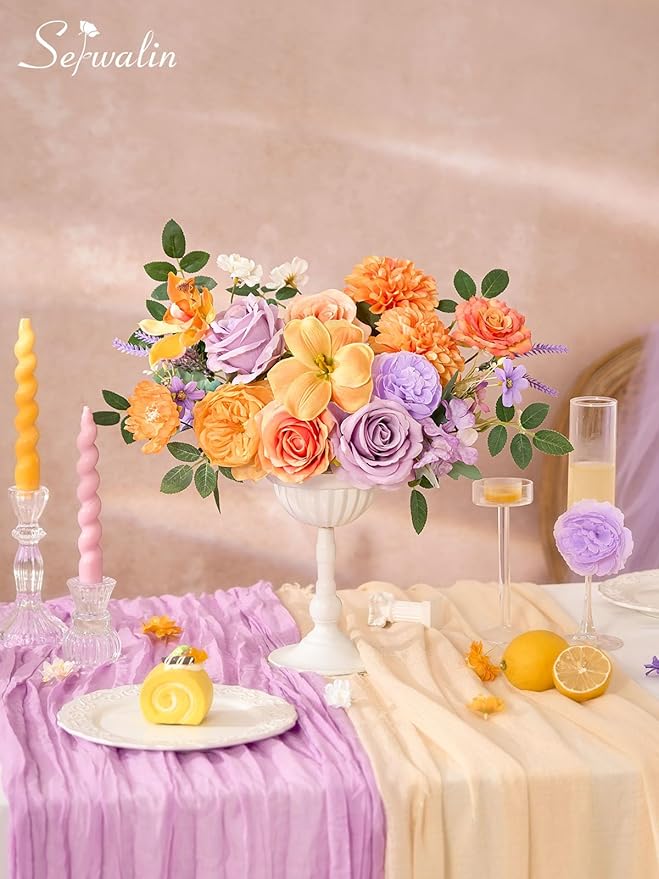Serwalin Artificial Orange & Purple Flowers, Silk Fake Flowers Stems for Wedding Bouquets DIY, Baby Shower Centerpieces, Cake Decor, Birthday Party & Home Decor
