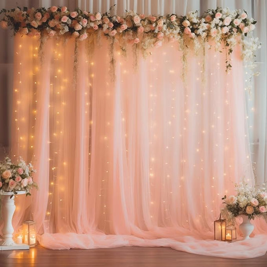 10ft x 10ft Peach Backdrop Curtain Panels with Lights String for Parties, Sheer Tulle Wedding Photo Backdrops Drapes for Baby Shower Birthday Party Decorations Background for Photography