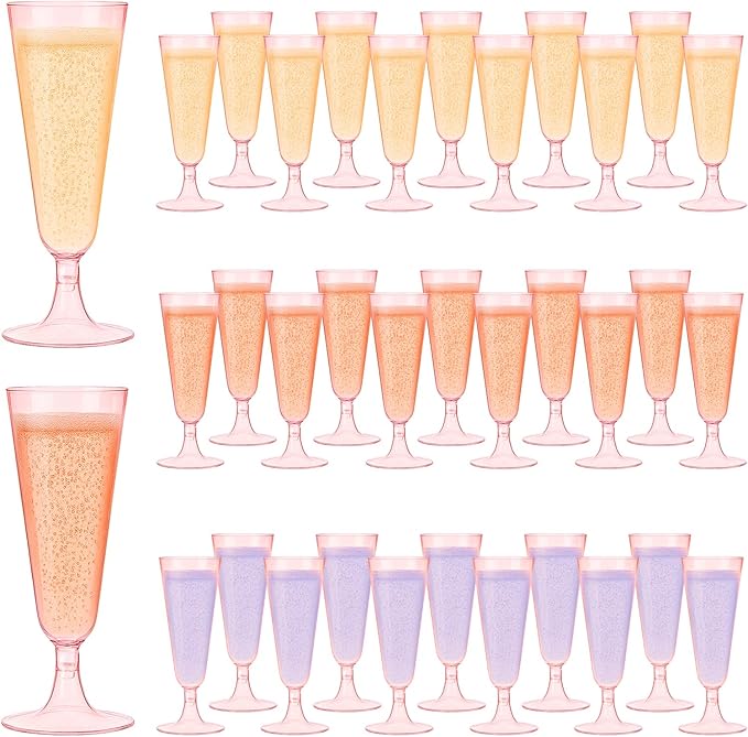 100 Pack Pink Clear Plastic Champagne Flutes, 5 Oz Disposable Champagne Glasses, Unbreakable Acrylic Mimosa Glasses Wedding Cocktail Cups for Engagement Birthday Graduation Party Decorations Supplies
