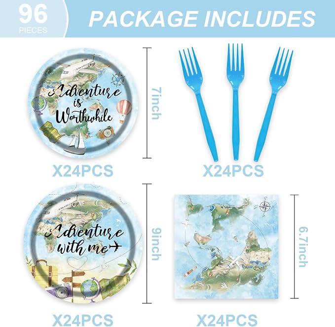 96Pcs Travel Themed Supplies Adventure Awaits Party Decorations Around the World Party Plates and Napkins Forks for 24 Guests - Disposable Tableware Travel for Baby Shower Birthday Decorations