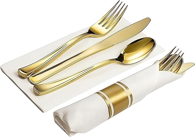 Neatiffy 50 Pack Gold Plastic Silverware Set, Pre Rolled Napkin and Cutlery Set with 50 Forks, 50 Knives, 50 Spoons, 50 Napkins, Utensils, Silverware for Parties, Weddings and Birthdays