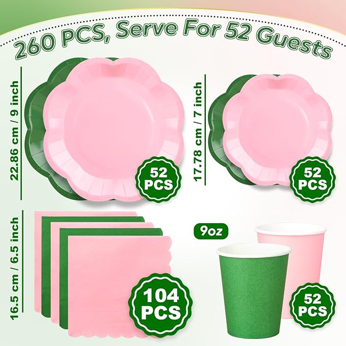 260 Pcs Green And Pink Party Supplies - For 52 Guests Paper Plates And Napkins/Cups - Disposable Big Scalloped Dinner Party Set Cutlery - For Bbq Baby Shower Bridal Shower Wedding