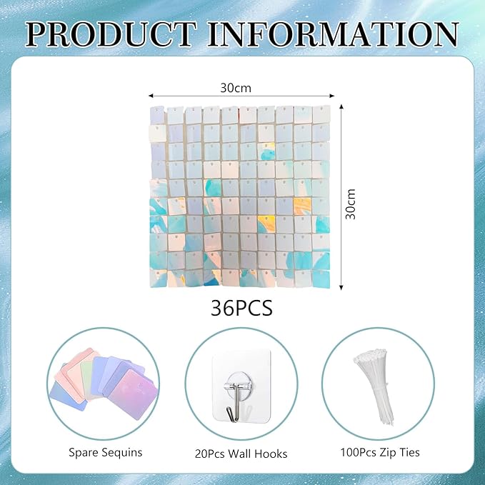 36 PCS Colorful Blue Shimmer Wall Backdrop, Square Sequin Photo Backdrops Panel, Glitter Wall Background for Birthdays, Weddings, Halloween, Engagements, Disco Bachelorette Party Decoration (6FTx6FT)