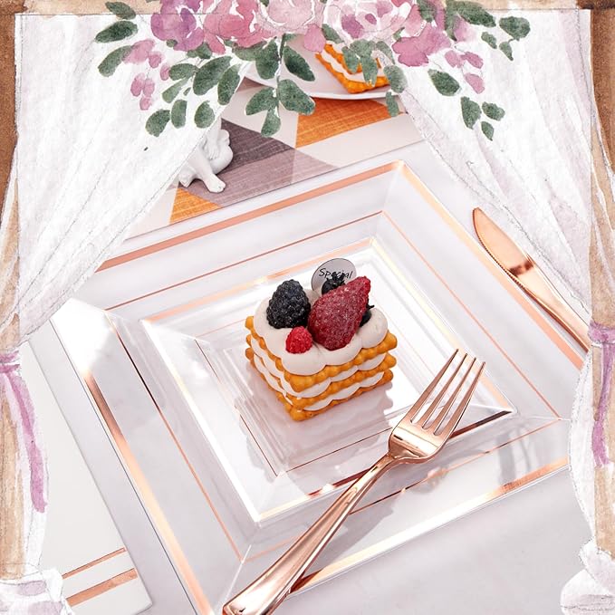 Festiva 350Pcs Rose Gold Plastic Plates - Clear Rose Gold Disposable Dinnerware Sets for 50Guests include 100 Plates 50 Cups 50Plastic Cutlery 50Napkins for Christmas Party&Wedding&Mother's Day