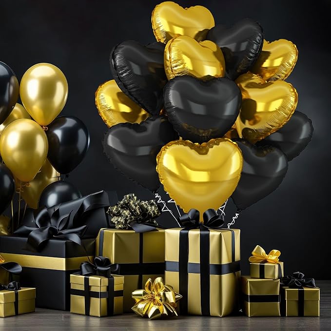 Black Gold Heart Balloons,12Pcs Black Heart Shaped Foil Balloons,18Inch Gold Helium Balloon for Birthday New Year Baby Shower Anniversary Wedding Party Decorations