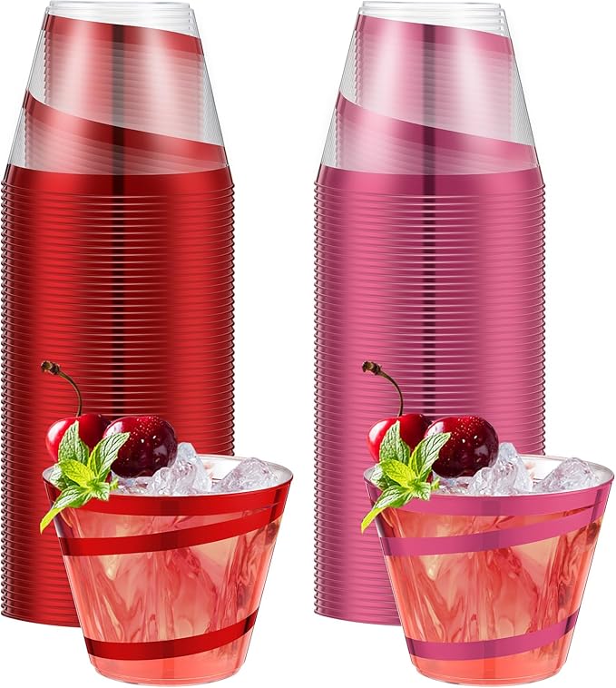 Gejoy 9 oz Rimmed Swirl Plastic Cups Disposable Wine Drinking Cups Clear Elegant Halloween Tumblers for Christmas Party Supplies(Red, Pink,100 Pcs)