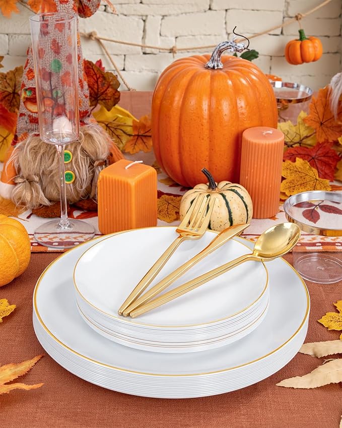 bUCLA 150PCS White and Gold Plastic Plates Disposable - 25 Guests Gold Dinnerware Set - Include 25 Each (Dinner & Dessert) Plates, 25 Knives, 25 Forks, 25 Spoons & 25 Cups for Party & Thanksgiving