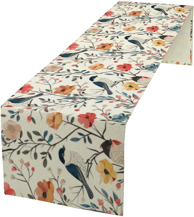 Spring Bird Floral Table Runner,Birds Table Runner Burlap Table Decoration for Summer Seasonal Home Kitchen Dining Dinner Indoor Holiday Farmhouse Decor 13x108 Inch