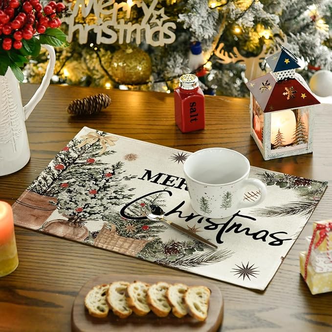 Artoid Mode Xmas Trees Holly Pine Cone Merry Christmas Placemats Set of 4, 12x18 Inch Seasonal Winter Holiday Table Mats for Party Kitchen Dining Decoration