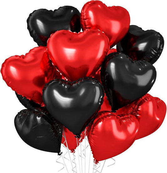 Red Black Heart Balloons, 10 Pcs Metallic Heart Shaped Balloon, 18 Inch Red and Black Foil Balloons Helium for Engagement Brithday Bridal Baby Shower Wedding Engagement Valentines Party Decorations