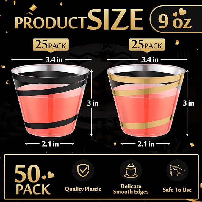 Gejoy 9 oz Rimmed Swirl Plastic Cups Disposable Wine Drinking Cups Clear Elegant Halloween Tumblers for Christmas Party Supplies(Black, Gold,50 Pcs)