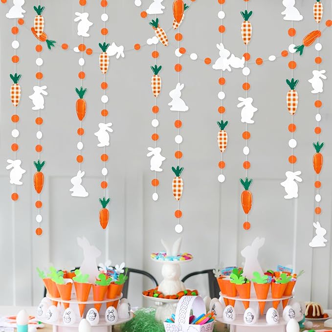 Pinkblume Easter Party Decorations - Bunny Carrot Circle Dot Garland Streamer Hanging Paper Buffalo Plaid Carrot Polka Dot Rabbit Banner for Spring Day Party Supplies