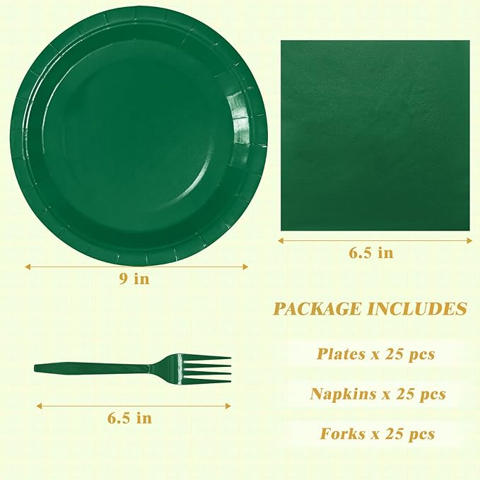 Dark Green Paper Plates 9 Inch Set Disposable Dark Green Birthday Dessert Dinner Plates and Napkins Party Supplies(75 PCS)