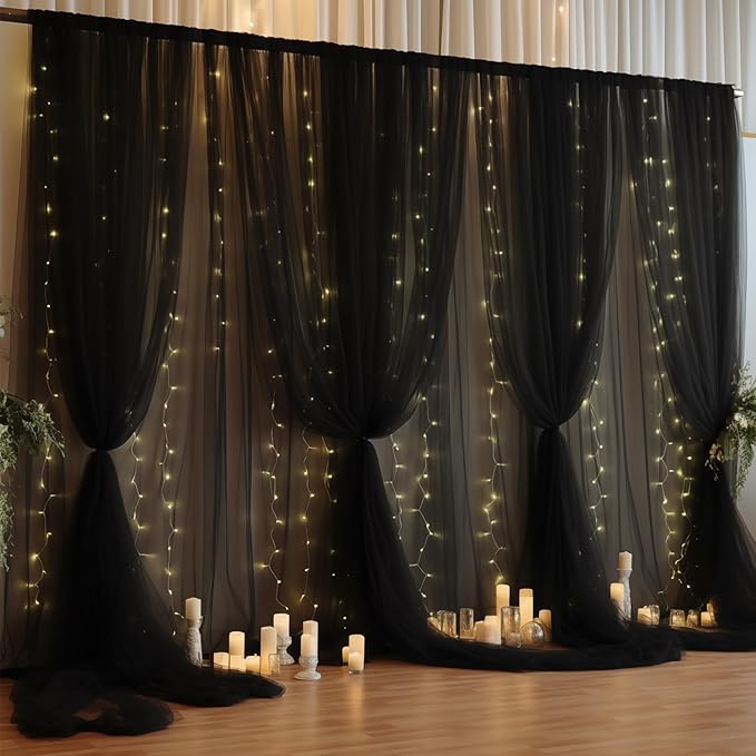 30ft x 10ft Black Backdrop Curtain with Lights String for Parties, Sheer Tulle Wedding Photo Backdrops Drapes for Baby Shower Birthday Party Decorations Background for Photography