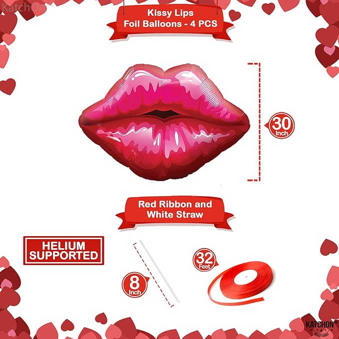 KatchOn, Huge Red Lip Foil Balloon - 30 Inch, Pack of 4 | Cute Kiss Balloons for Lips Balloon Decorations | Valentines Balloons | Galentines Day and Proposal Decorations