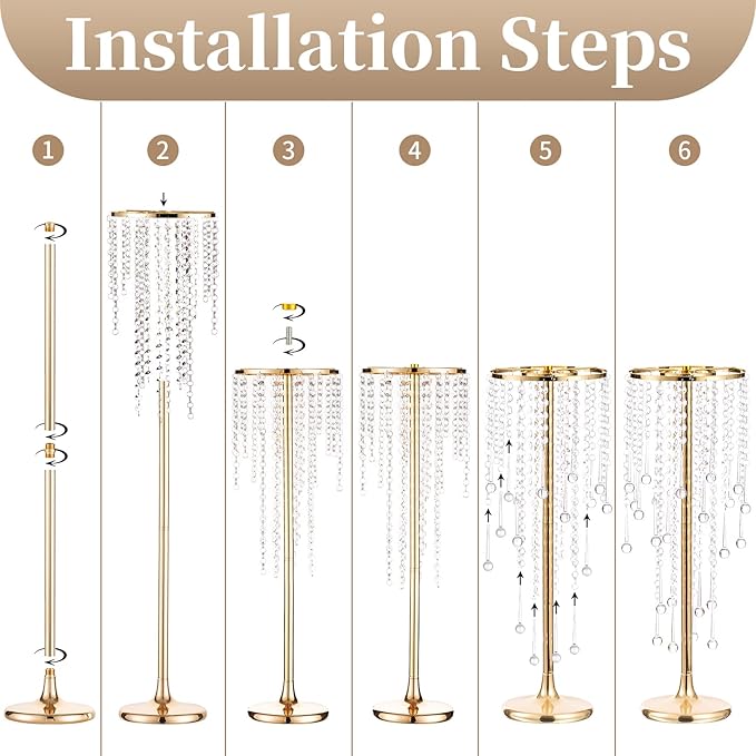 Sziqiqi Flower Centerpieces for Wedding Tables Metal - Tall Vases with Chandelier Crystal Beads for Head Table Gold Flower Stand for Wedding Reception Party Events Road Lead