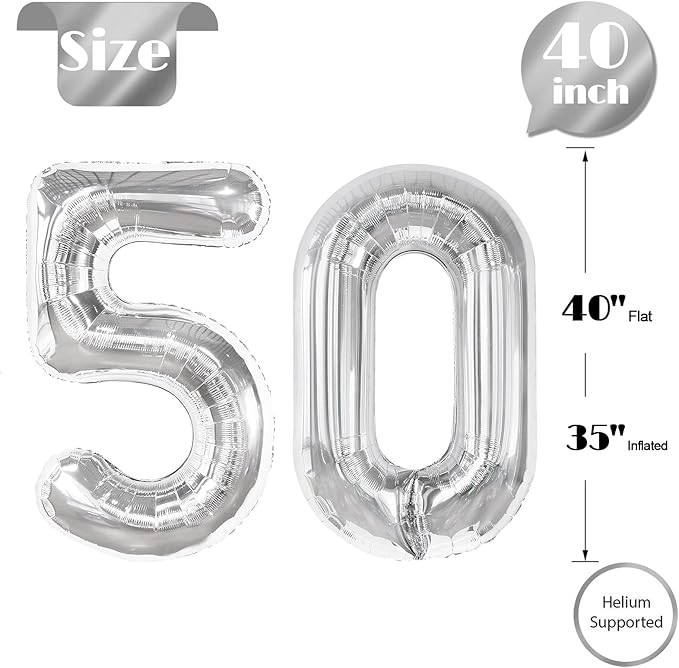 Silver Number 50 Balloon 40 Inch, 50th Birthday Party Decorations for Children, Giant 50 Foil Balloon for Party Supplies