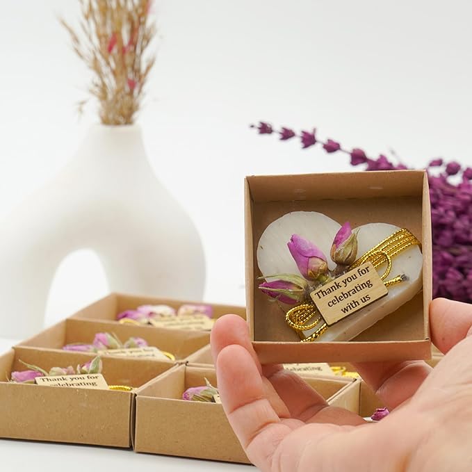 Heart Shaped Soaps 12-Pack, Handmade Scented Mini Soaps for Bridal Shower Party Favors, Wedding, Baby Shower & Engagement Gifts for Guests, Thanks You for Celebrating with Us Wooden Tag